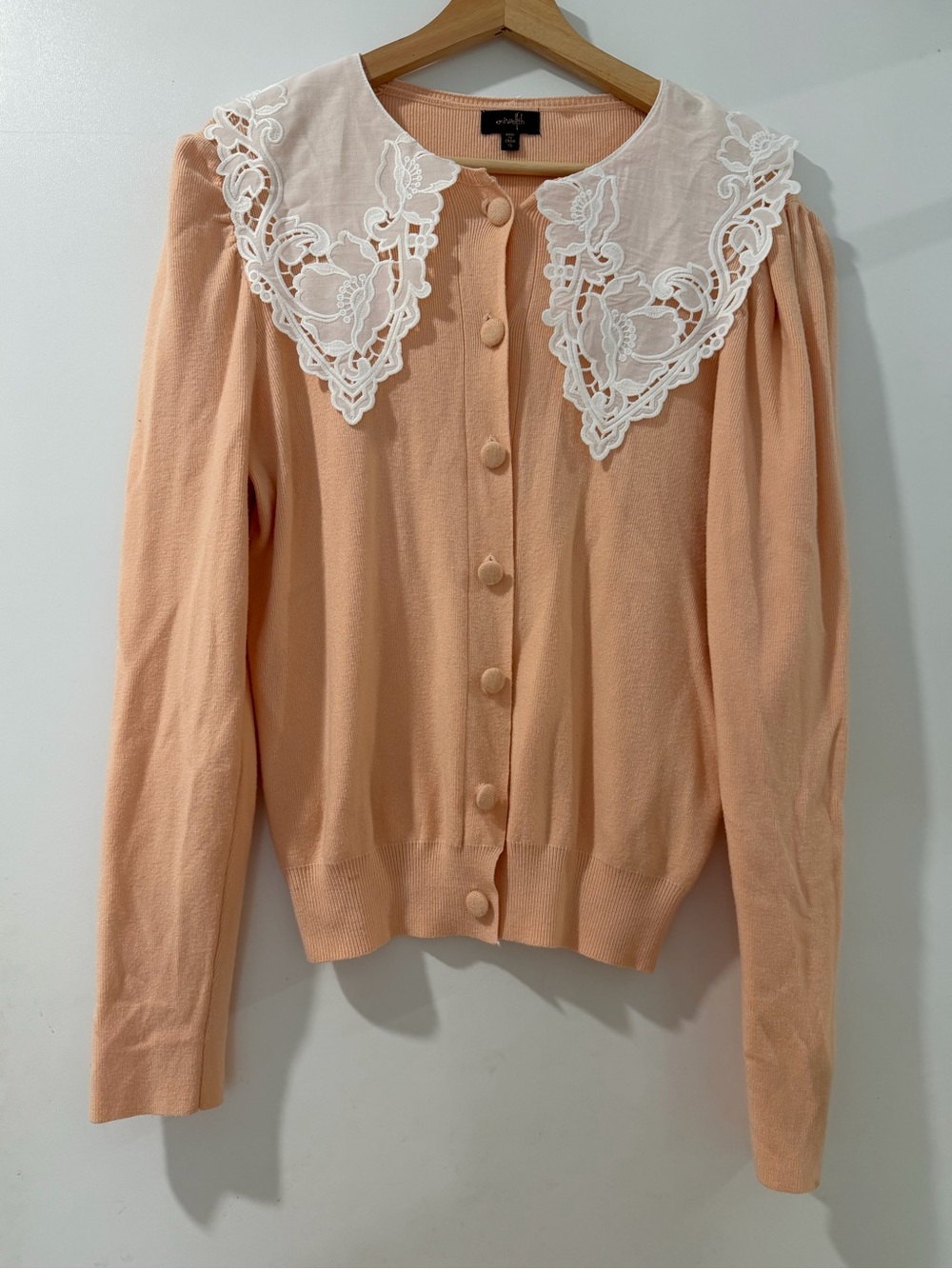 Peach Knit Cardigan with White Lace Collar Sz XL